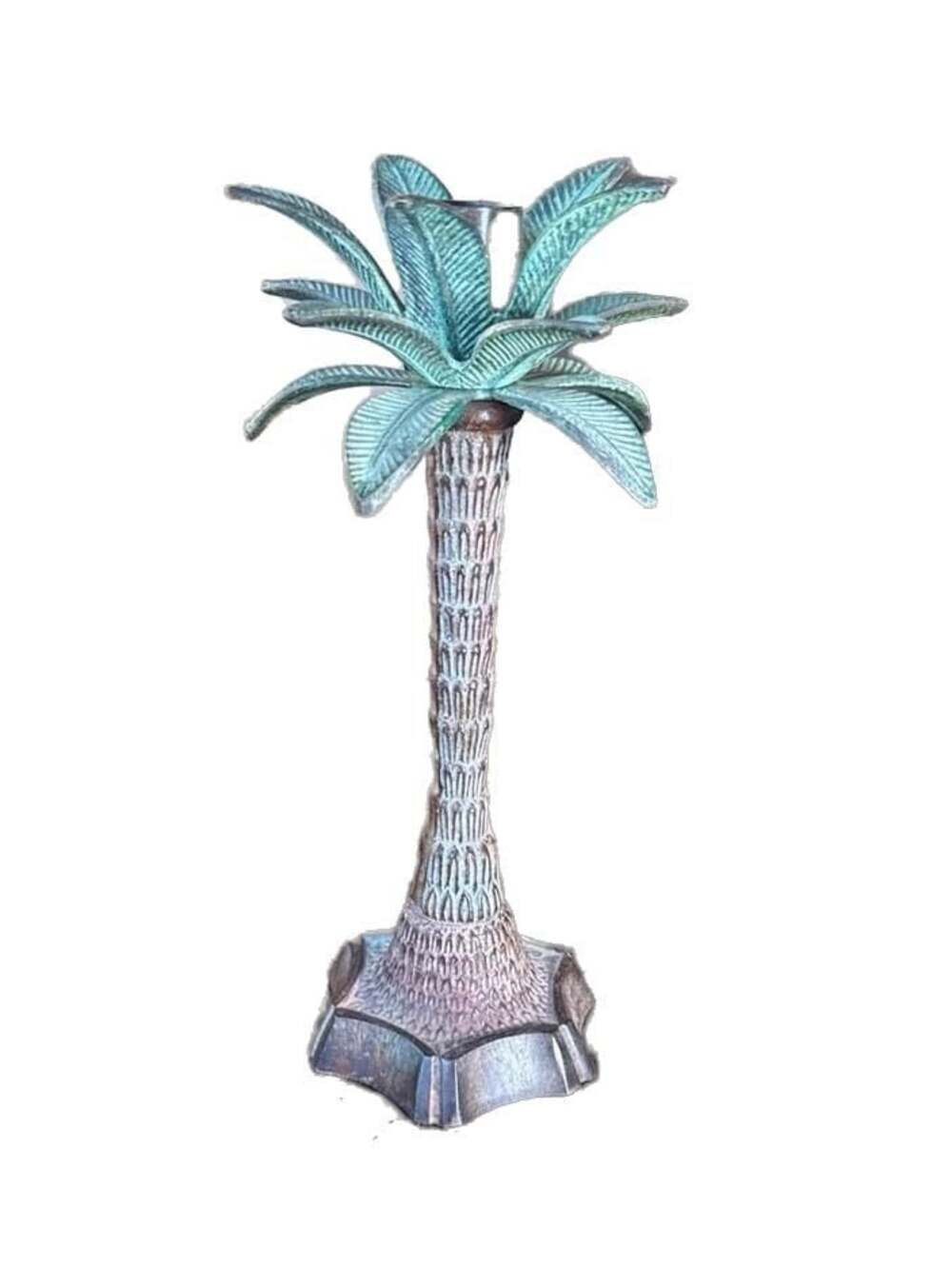 Vintage Metal Verdigris Palm Tree Taper Candle Holder, 10” Tall